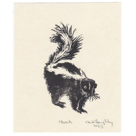 A tiny linocut skunk with its tail up on ivory washi paper, 4” x 5” 