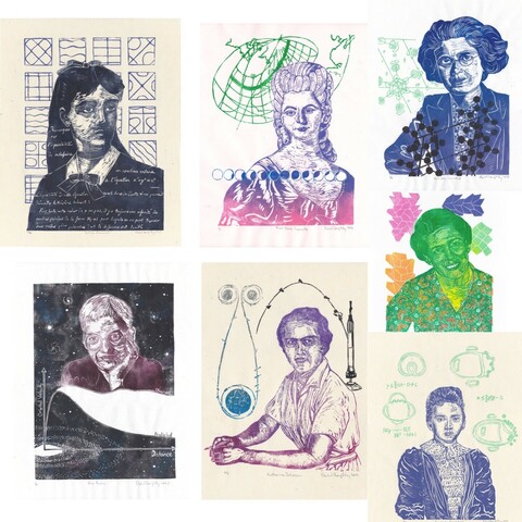 As described this is a collection of linocut prints of (top row):
mathematician Sophie Germaine,
astronomer Nicole-Reine Lepaute
and crystallographer Kathleen Lonsdale

Middle:
Amateur mathematician Marjorie Rice

Bottom row:
Astronomer Vera Rubin,
Mathematician Katherine Johnson and  
Mathematician Virginia Ragsdale

Each is shown with a representation of their scientific work.