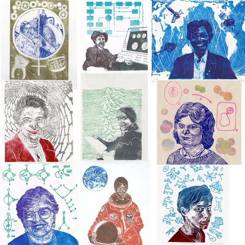 As described these are linocut portraits of Physicist & metallurgist Ursula Franklin 
Computer scientist Beatrice “Trixie” Worsley 
Mathematician & geodesist Gladys West
Physicist Mildred “Millie” Dresselhaus 
Astrophysicist Jocelyn Bell Burnell
Mathematician Karen Uhlenbeck
Computer scientist Frances Allen
astronaut Mae Jemison
Mathematician Maryam Mirzakhani 

All shown with illustrations of their scientific work 