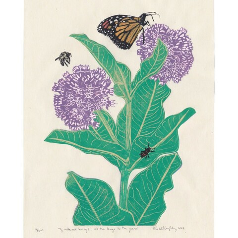 A linocut print showing a common milkweed plant with blue-green stem and leaves and two pink-mauve blooms like globes filled with tiny florets. On one leaf is a milkweed bug in black and red. Above one bloom is a yellow and black bumblebee. Resting on the second bloom is a monarch butterfly in tints of orange, black and white. To get the colour of the stem, leaves, blooms, butterfly, bug and bumblebee, I have collaged various lovely, handmade, Japanese papers.