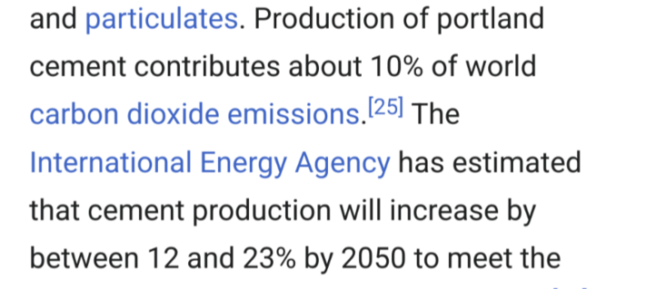 Wiki screenshot, says cement production is 10% of global CO2.