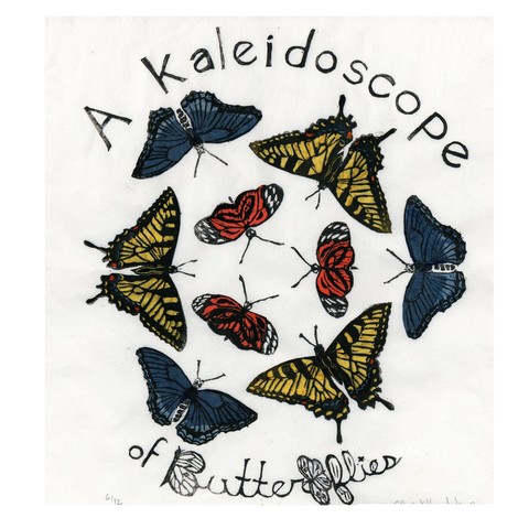 This lino block print is printed in black ink on Japanese kozo (or mulberry) paper 12.5 inches by 12 inches, or 31.7 cm by 30.5 cm in dimension. Each butterfly involves 'chine collé' (collaged, delicate, Japanese paper) for their glorious colour. They are arrayed with a three-fold symmetry, like images in a toy kaleidoscope. There are three each of the orange Isabella's Longwings (Nymphalidae Eueides isabella), three yellow Eastern tiger swallowtails (Papilio glaucus), and three blue Red-Spotted Purples (Limenitis arthemis astyanax). There is text reading ‘A kaleidoscope of Butterflies’ with a butterfly for the f.