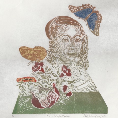 Linocut portrait of Maria Sibylla Merian in gradient of green to brown with pomegranate branch, caterpillar and butterflies