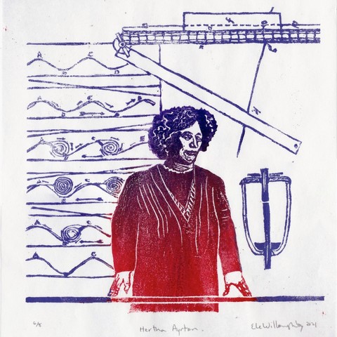Linocut portrait of Hertha Ayrton, surrounded by her diagrams and some of her inventions, printed in a gradient of red to purple. Ayrton, a middle age woman with a lot of curly hair, stands with her fingertips on a tabletop, looking right, in a loose dress. Her dress is red and colours change radially out to purple. To her left and above her are a series of horizontal sections showing the formation of ripples on a beach. Above her to the right is a diagram of her dividers from her patent. To the lower right is a cross-section of an arc-lamp.