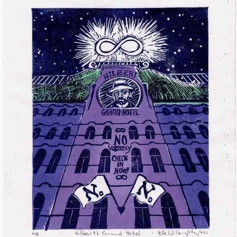 The print shows a grand hotel on a steep angle (with a vanishing point at infinity of course), labelled "Hilbert's Grand Hotel" below a cameo of Hilbert himself, and the slogan "No vancancy. Check in now!" Above the hotel is a glowing infinity symbol. The size of countably infinite sets, like all natural numbers {1,2,3, .... ∞ } is denoted by Aleph Nought ℵ0 shown on the two flags. 

Each print is printed by hand in indigo, lavendar, mint green and dark navy blue ink on Japanese kozo (or mulberry) paper, 8" x 10" (20.3 cm by 25.4 cm).