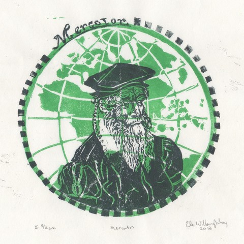 Square linocut print of Mercator (with cap, large beard, lace collar and jacket in black) on his own map of the circular world in green.