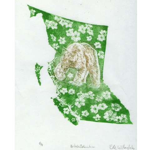 As described: The symbols of British Columbia, its provincial flower, the Pacific dogwood (Cornus nuttalli) and its animal, the Spirit Bear (also known as the Kermode bear, a white morph of the American Black Bear, Ursus americanus kermodei) cover the hand-carved map of BC in this linocut. The block was inked ‘à la poupée’ (with different colours, green and gold, in different areas) and printed by hand on lovely Japanese kozo (or mulberry) paper. The bear is printed in light gold with much of its fun carved away to reveal white. The rest of the province is printed in bright green. Each print is 23.5 cm by 31.8 cm (9.25” by 12.5”). 
