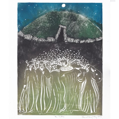 My linocut print shows an Irish earthen mound or sídhe at night covered in dark green grass under a cyan blue starry sky with moon. The base of the mound is marked with grey rocks and there is a shaft-like entrance with post and lintel rocks that is black inside. Below this is a black region underground and then there’s a gathering of 6 human-like Aos Sí, 3 men and 3 women in long robes printed in a gradient of green and gold ink who appear to glow and have pointed ears. They wear flowers and branches and antlers in their hair. 11” x 14”