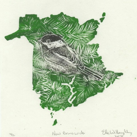 As described this is my linocut of the map of New Brunswick covered with Balsam fir printed in green and a black capped chickadee in black ink.