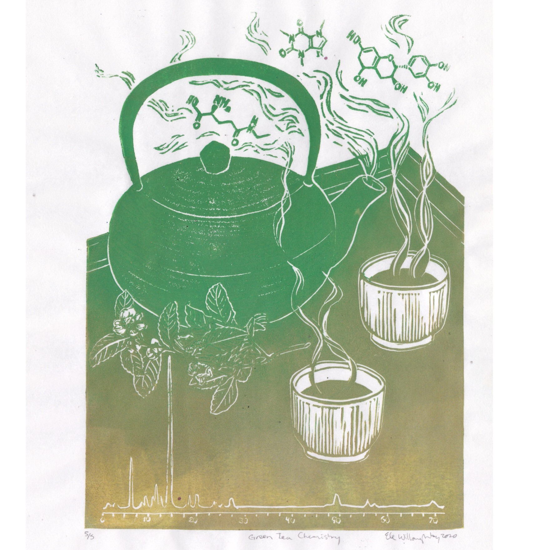 This linocut illustrates green tea and its chemistry. There's a tea pot, two cups of tea and a tea plant (Camellia sinensis) on a tray, and in the steam, you can see some of the organic chemicals found in green tea. At the base of the tray is a chromatogram to illustate the L-Theanine (largest peak) and other amino acids in the green tea.⁠