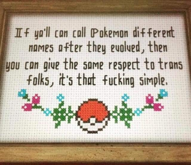 cross stich artwork of the words "If y’all can call Pokemon different names after they evolved, then you can give the same respect to folks, it’s that fucking simple." Underneath it is a pokeball with some flowers coming from it on the sides.