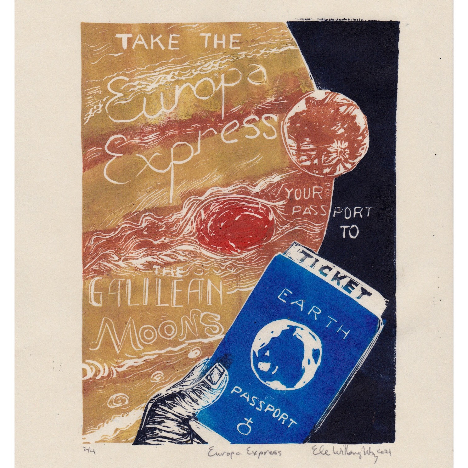 As described, my linocut is a space travel poster for a future where we all share the citizenship of Earth and can take rapid transport to Europa, one of Jupiter's moons, known as the Galilean Moons (named after Galileo, who first observed them with a telescope. There’s a view of a section of Jupiter with big red spot and its moon Europa. Text reads “Take the Europa Express, your passport to the Galilean Moons.” There’s a hand holding a blue passport with a ticket in it. The passport has a stylized image of Earth with the symbol for Earth and the words “Earth Passport” on it.  Each print is burnished by hand onto lovely Japanese kozo (or mulberry) paper in a creamy ivory colour, 8" x 10" (or 20.3 cm by 25.4 cm).